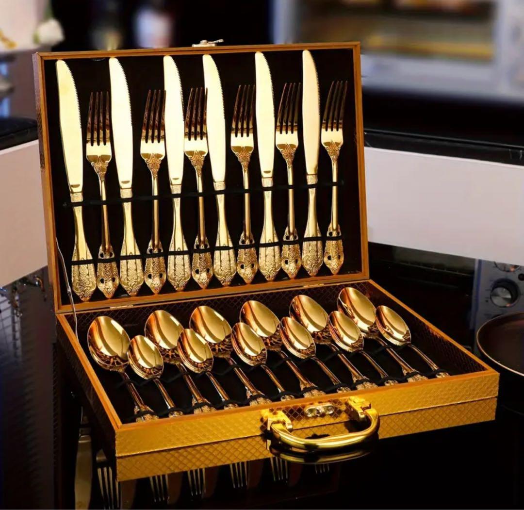 食器セット　スプーン　フォーク　ナイフ　ステンレス製　真鍮風　レトロ