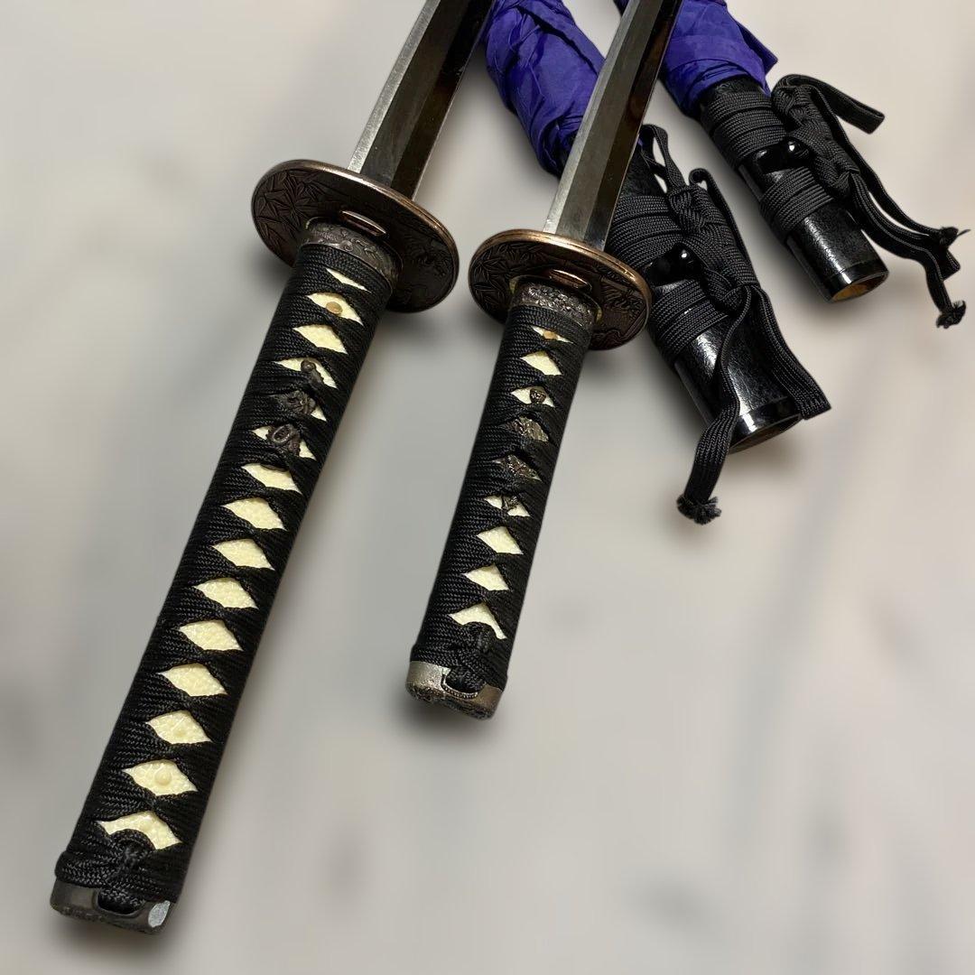 上級模造刀大小２本(刀袋付) 黒柄 竹笹小判鍔