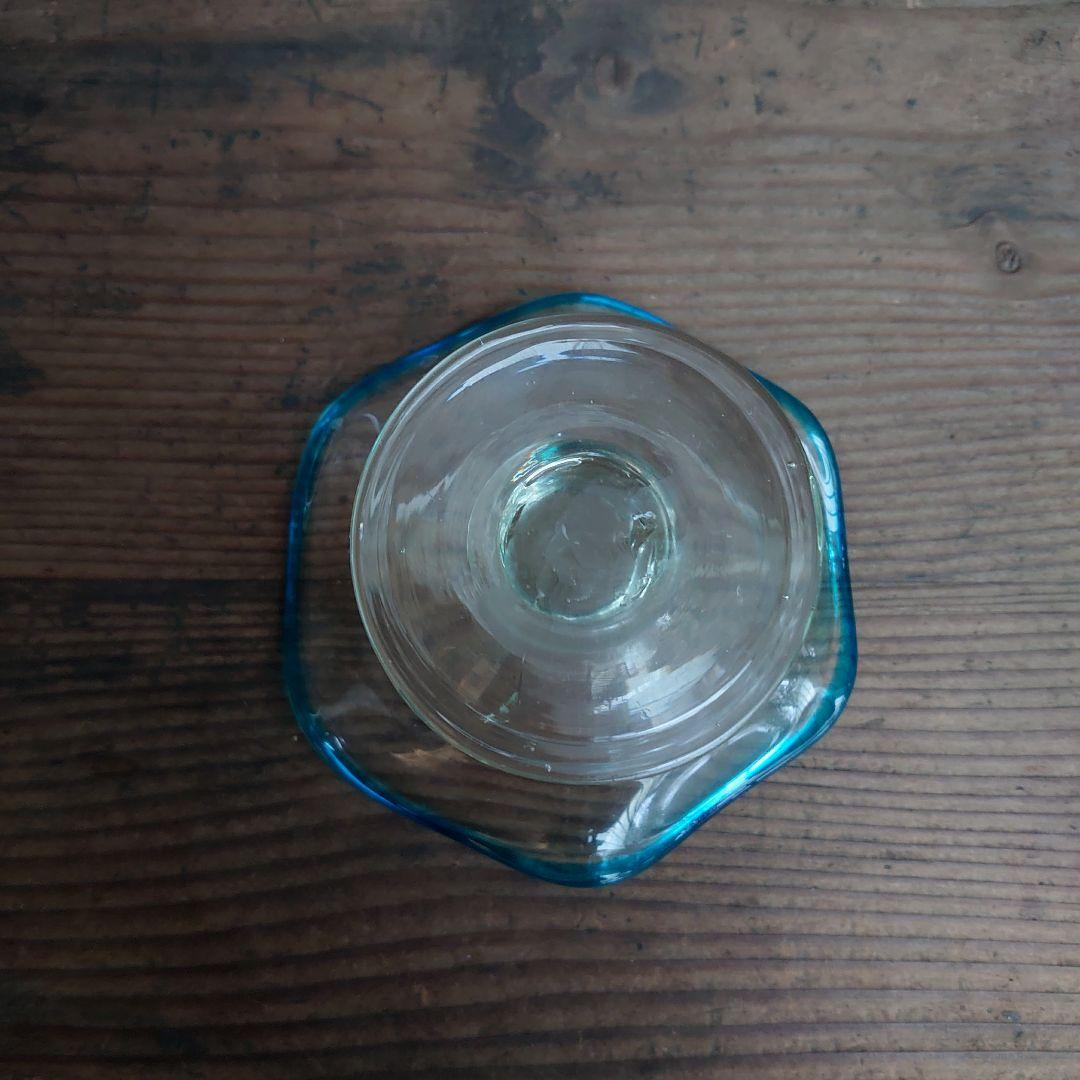 【ご成約】水色 花縁 碗形 氷コップとガラス匙、プレス皿 骨董の器 おまとめ