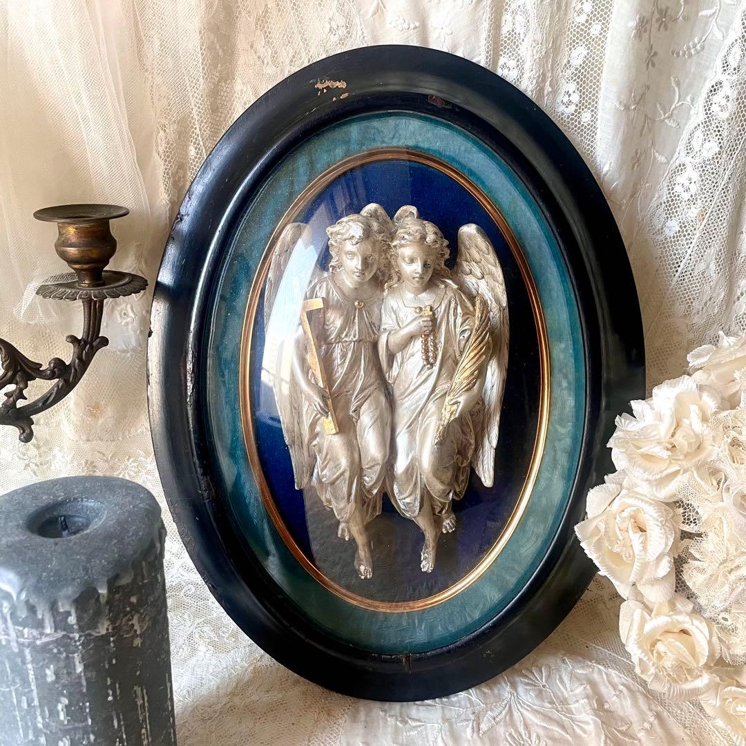 2人の天使のメダイヨン エンジェル フランスアンティーク オーバルフレーム彫刻