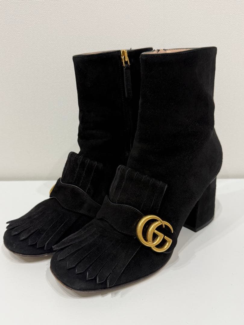 グッチ　ショートブーツ マーモント スエード フリンジ　ブラック サイズ38