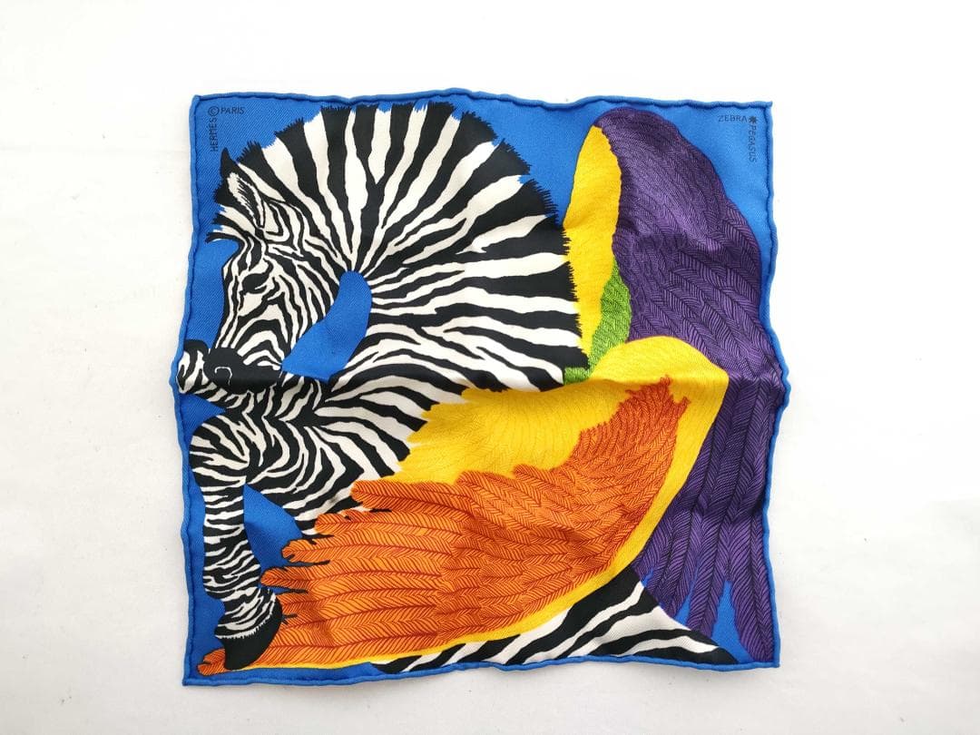 エルメス カレナノ20 シルク ゼブラ ペガサス ハンカチーフ スカーフ ブルー