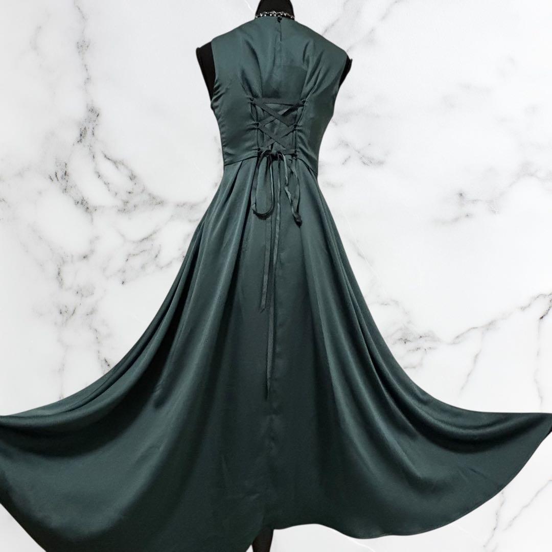 AIMER【エメ】ドレス ロング　サイズ9[M] 深緑　バッグ編み上げ　リボン
