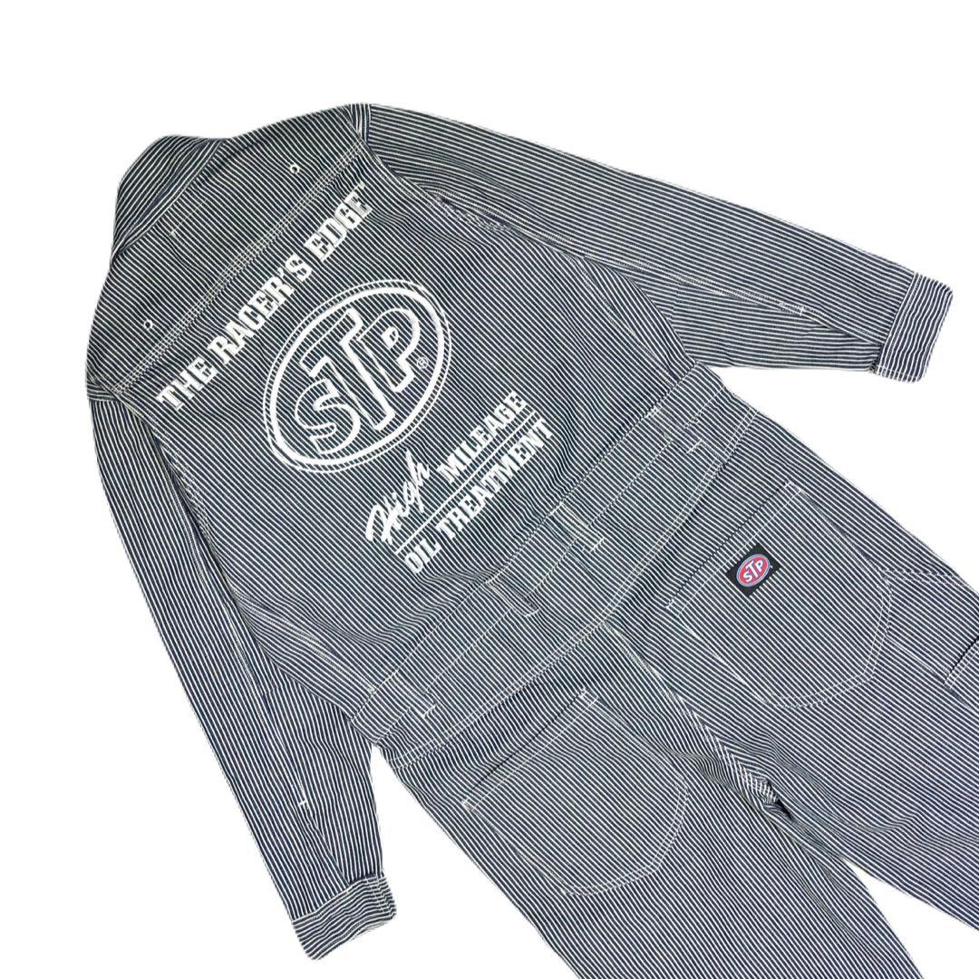 【超美品】STP（エスティーピー）刺繍ロゴ ヒッコリーカバーオール 長袖ツナギ