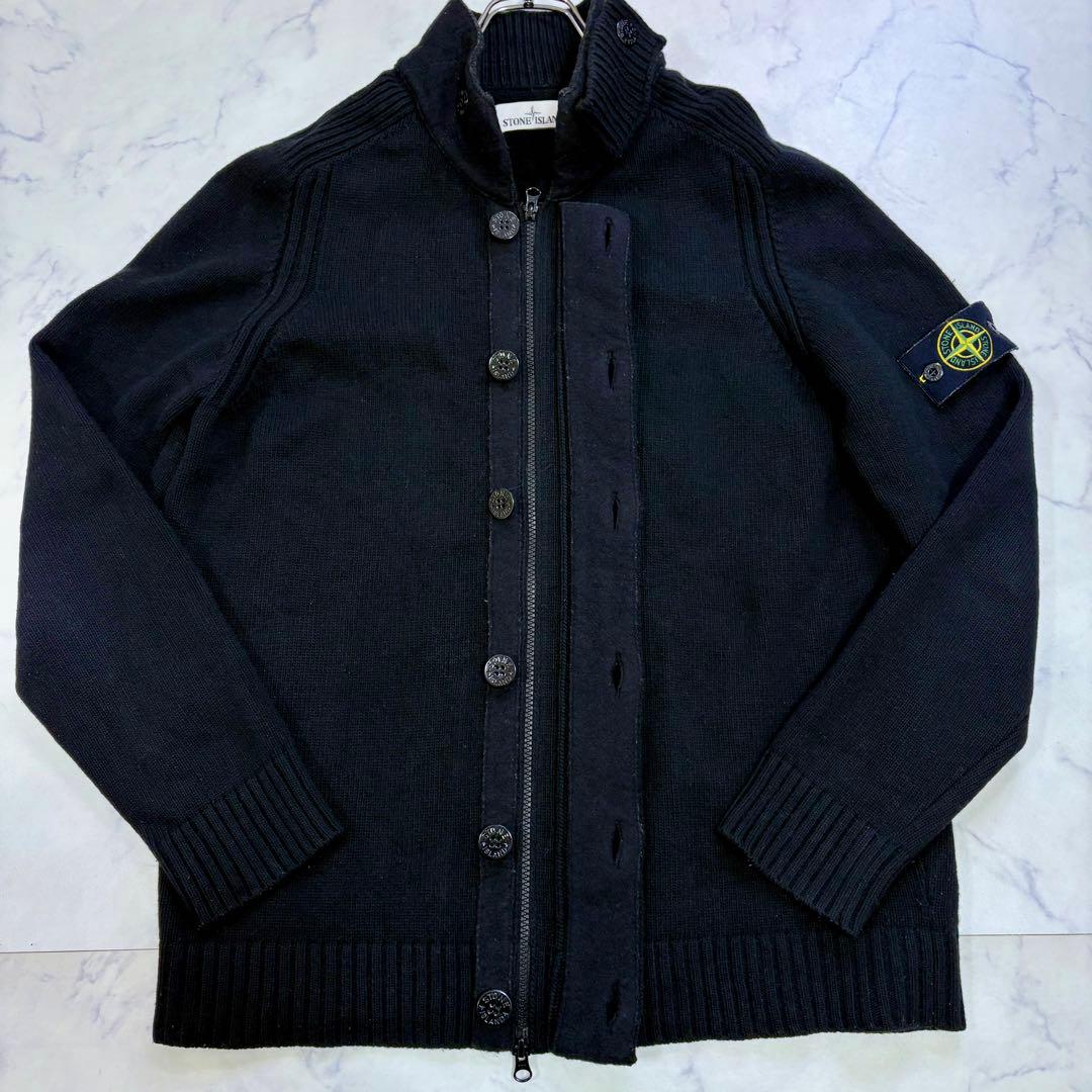 美品 ストーンアイランド 肩バッジ付 ニットブルゾン カーディガン XL 黒