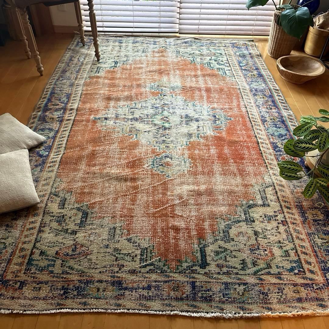 大判162×227 夕焼けオレンジ　貴重　メダリオン　トルコヴィンテージラグ