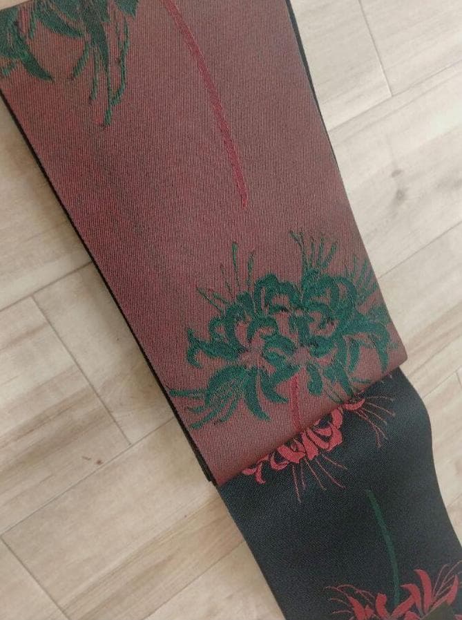 【日本製帯】 上品彼岸花◆曼珠沙華柄古典半幅帯◆純浴衣帯＆着物帯に★ 新品