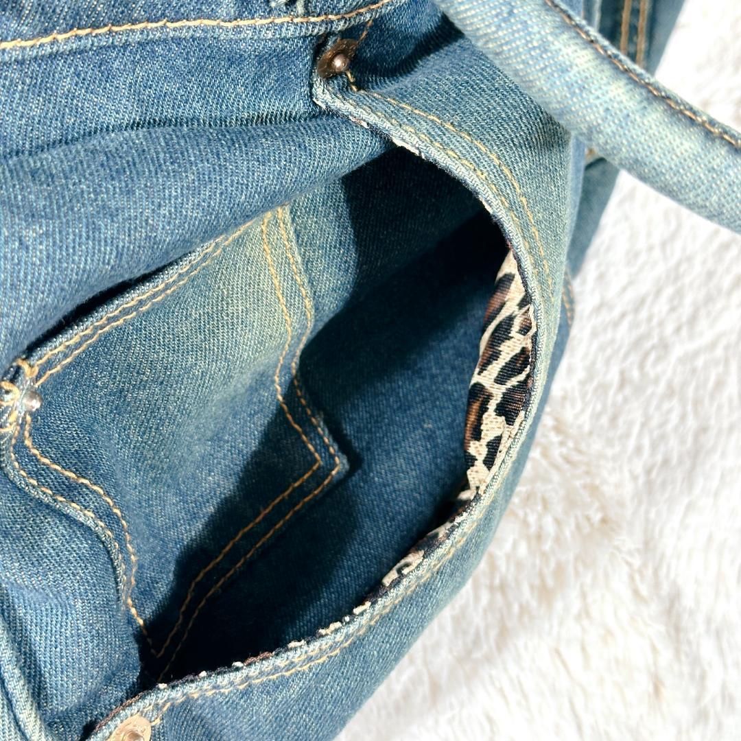 デニム ハンドバッグ ベルト リメイク ジーンズ 豹柄 鍵付 南京錠