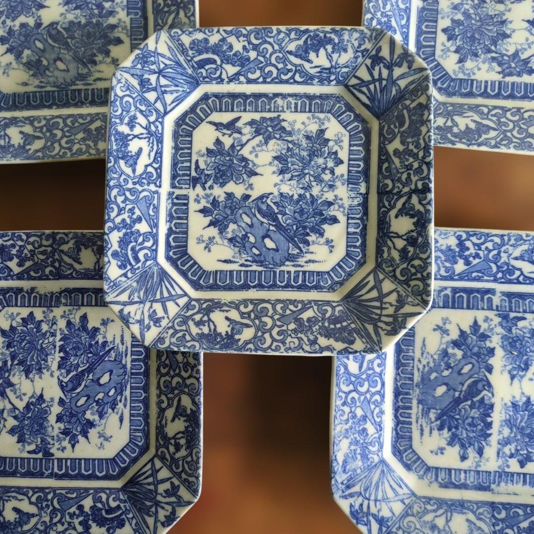 WHITE　骨董　角皿　伊万里　印判　花　7枚