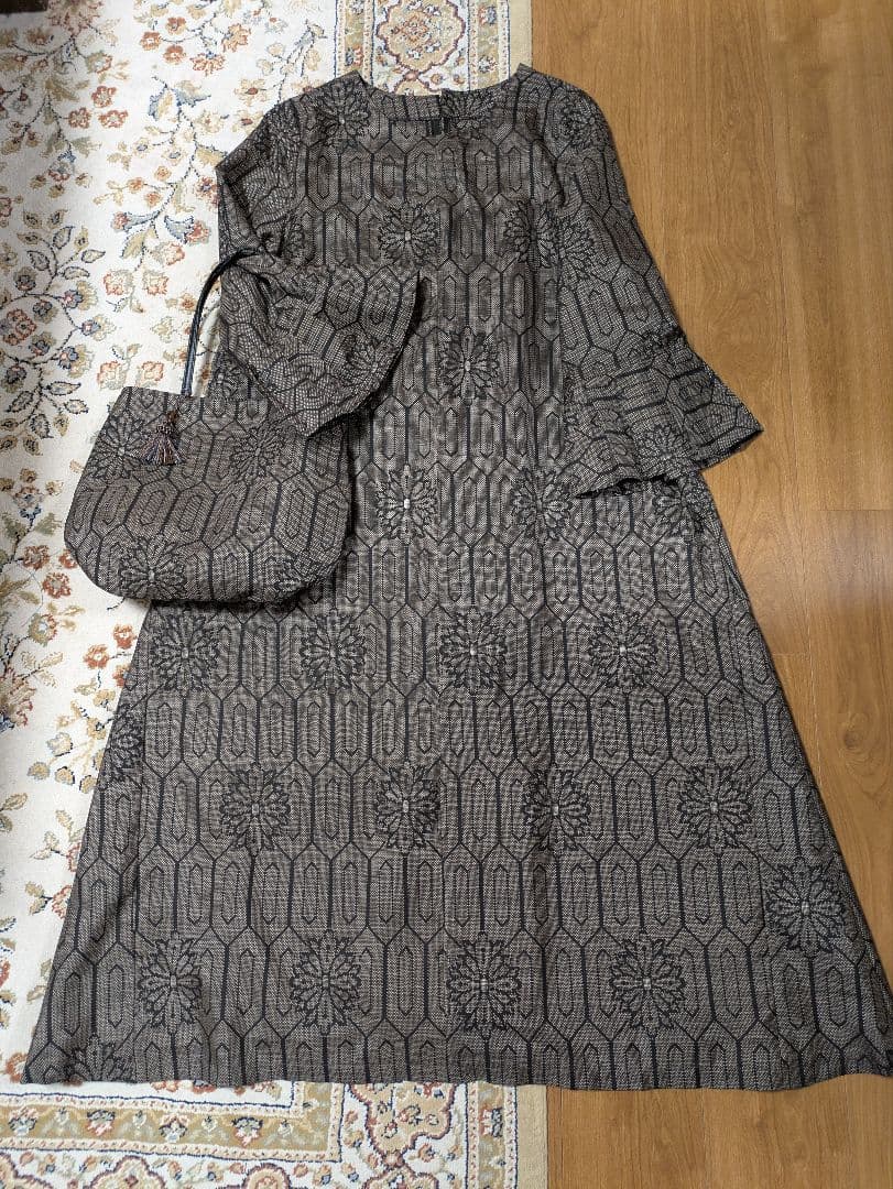 着物リメイクワンピース★7マルキ大島紬★Aラインワンピース&トート★ML〜LL