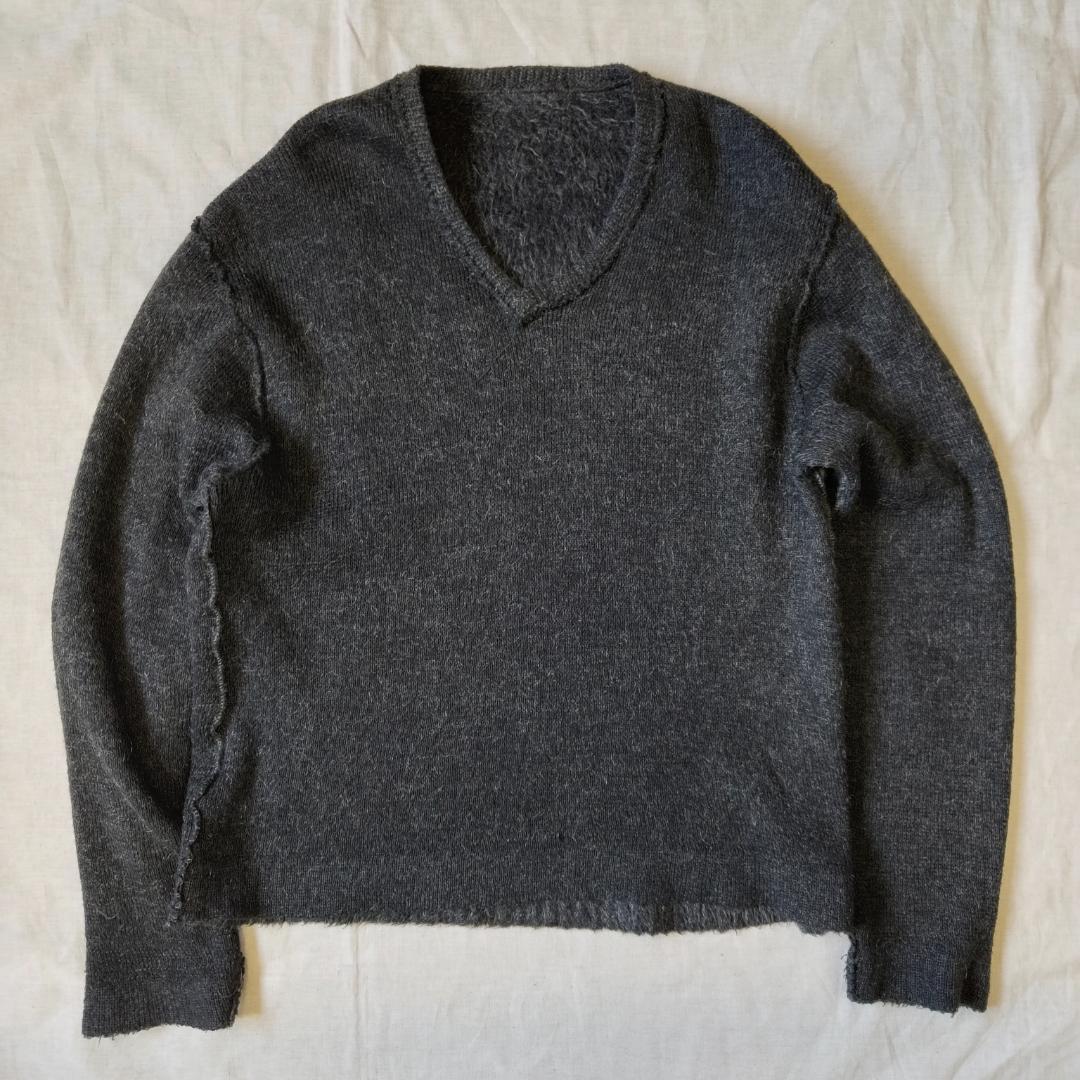 毛足長 60s シャギー モヘアニット Vネック ダークグレー ビッグサイズ L