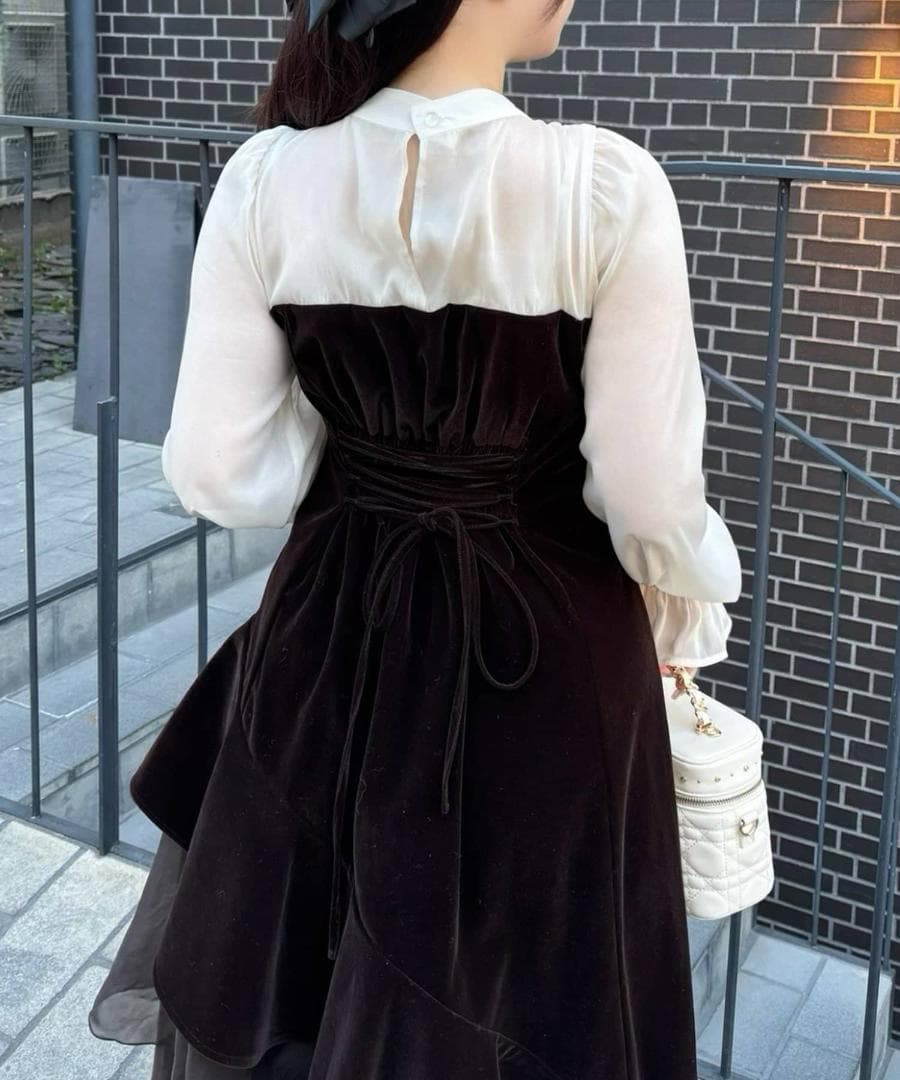 新品 NICE CLAUP オケージョン ベロアリボン異素材ロングワンピース