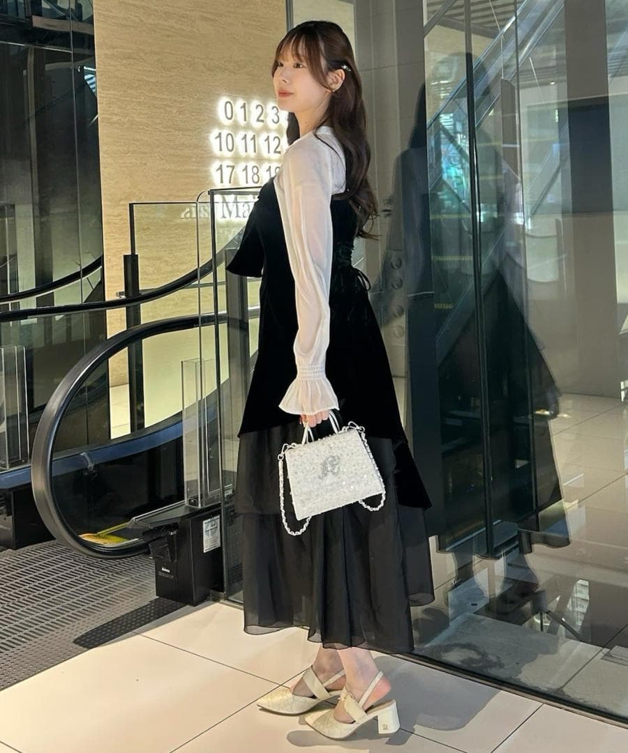 新品 NICE CLAUP オケージョン ベロアリボン異素材ロングワンピース