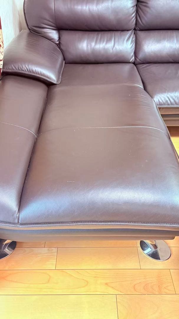 ニトリソファー　本革　L字カウチソファ／レザー調 ダークブラウン　コナーソファー