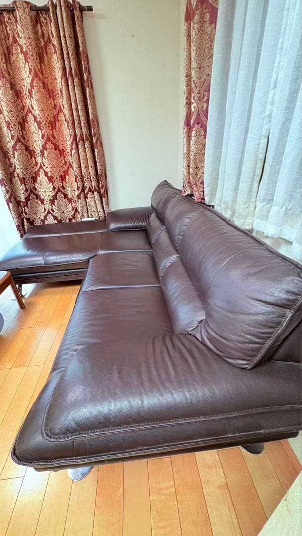 ニトリソファー　本革　L字カウチソファ／レザー調 ダークブラウン　コナーソファー