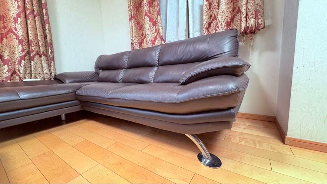 ニトリソファー　本革　L字カウチソファ／レザー調 ダークブラウン　コナーソファー