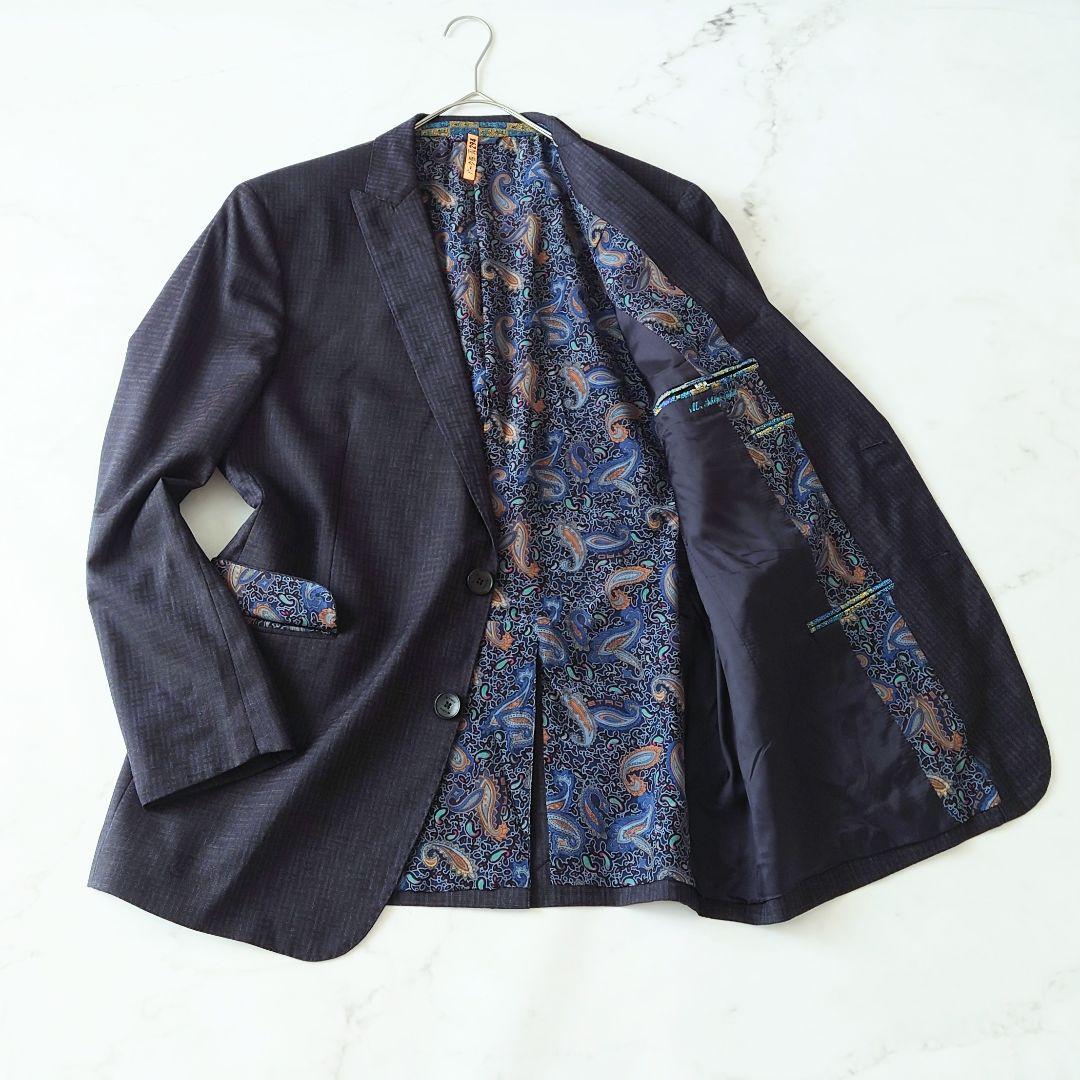 ★f エトロ シルク メンズ ジャケット ネイビー チェック ペイズリー イタリ