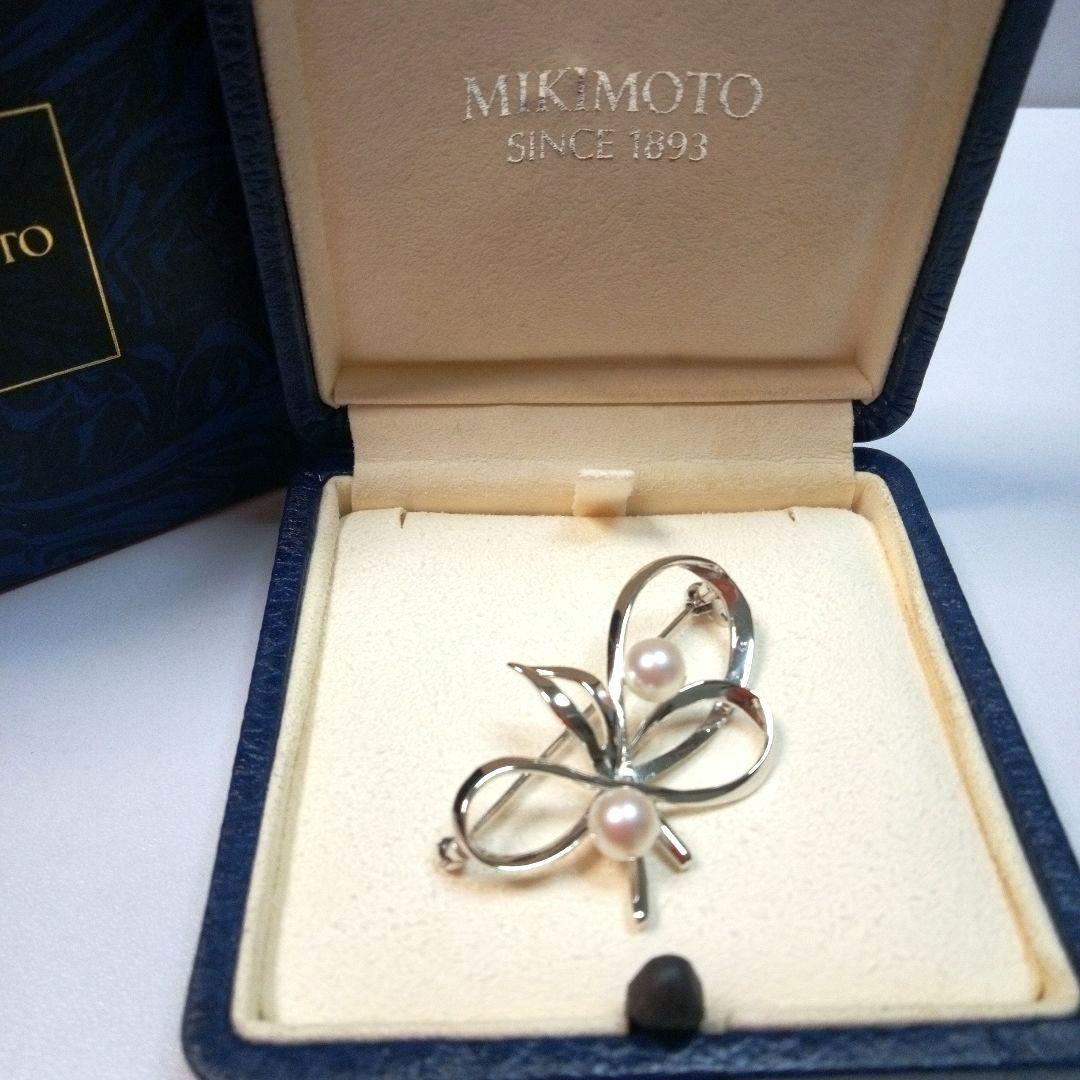 MIKIMOTO ヴィンテージ シルバー パールブローチ リボンリーフ