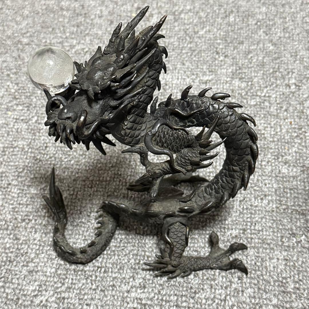 時代金工美術 銘あり 龍 水晶玉付 置物 床置