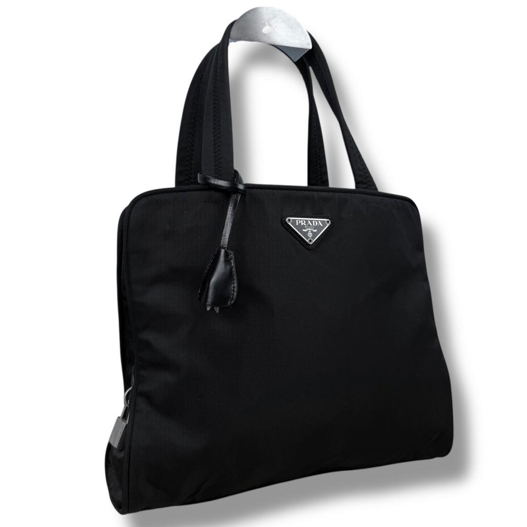 【美品】PRADA プラダ 南京錠付き トートバッグ 三角ロゴ ブラック 白タグ