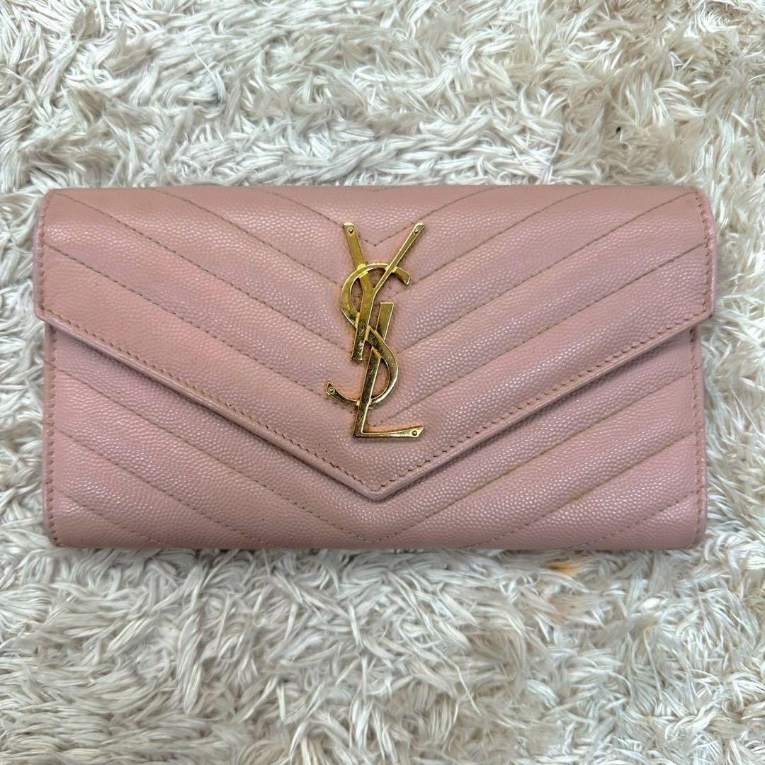 【美品】サンローラン 長財布 フラップ ピンクベージュ Vステッチ YSL