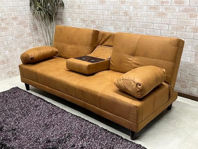 ソファーベッド　キャメル　小テーブル付き　レザーファブリック　ソファ　新品