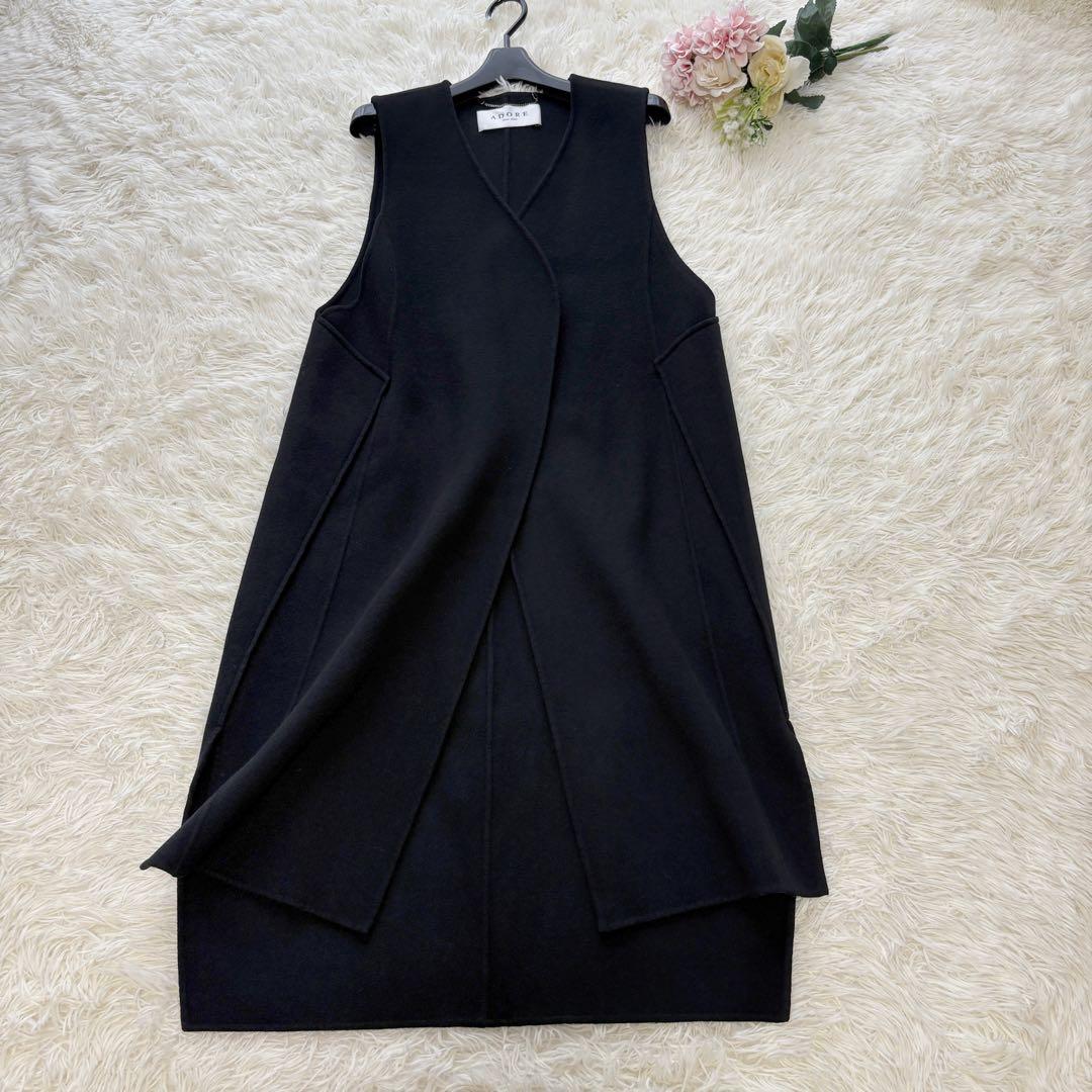 【美品】ジレ　厚手　アドーア　ウール100% アウター　ロング　ブラック　38