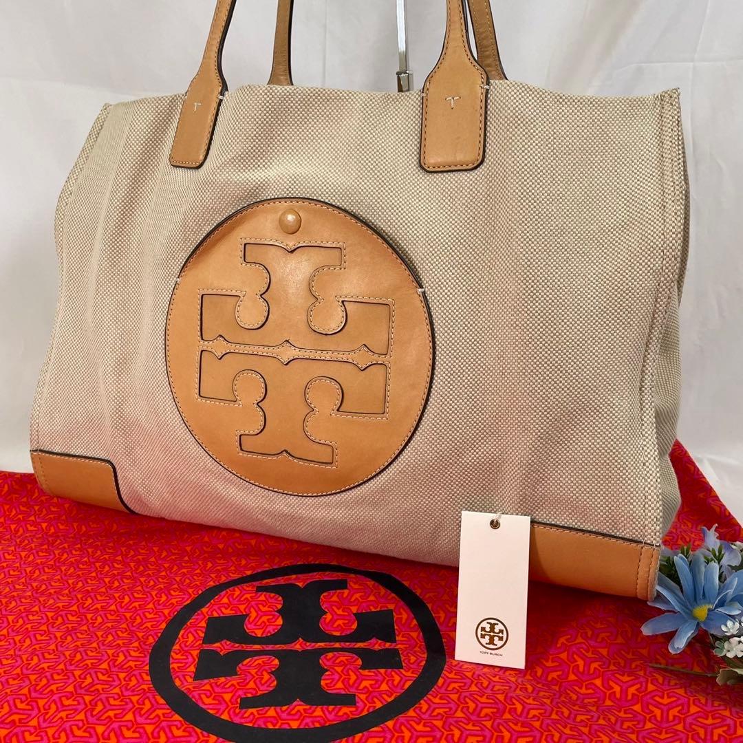 【美品】トリーバーチ エラ トートバッグ レザー×キャンバス ベージュ A4可