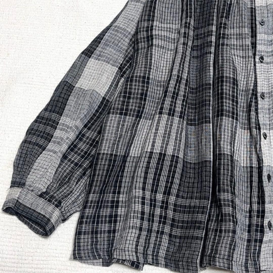 イチアンティークス　リネンギャザーブラウス　ワイド　バンドカラー　洗える　日本製