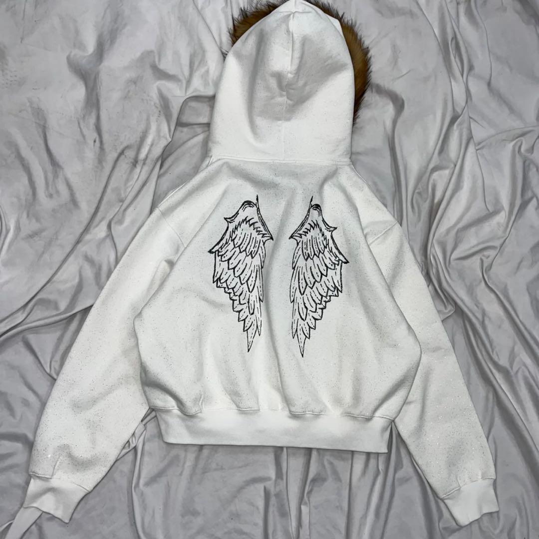 トップス 9090 Cross Logo glitter Fur Zip Hoodie