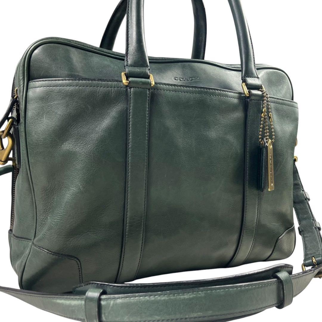希少カラー コーチ ビジネスバッグ 2way A4収納可 レザー グリーン