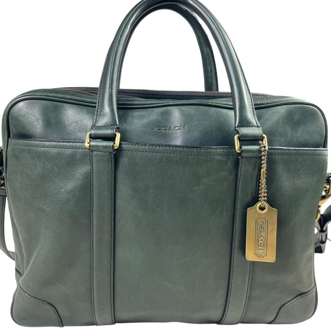 希少カラー コーチ ビジネスバッグ 2way A4収納可 レザー グリーン