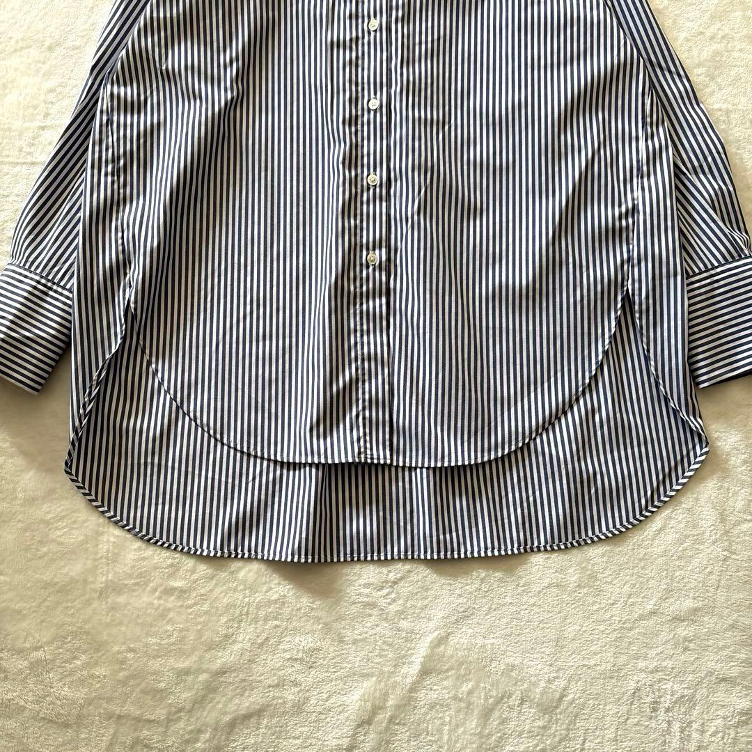 ソージュ ストライプ バンドカラー ロングシャツ ブルー ホワイト ゆったり