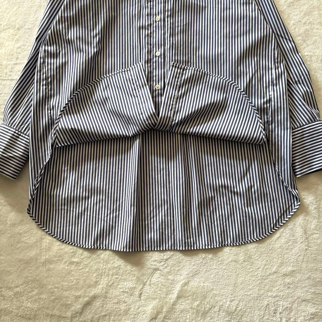 ソージュ ストライプ バンドカラー ロングシャツ ブルー ホワイト ゆったり