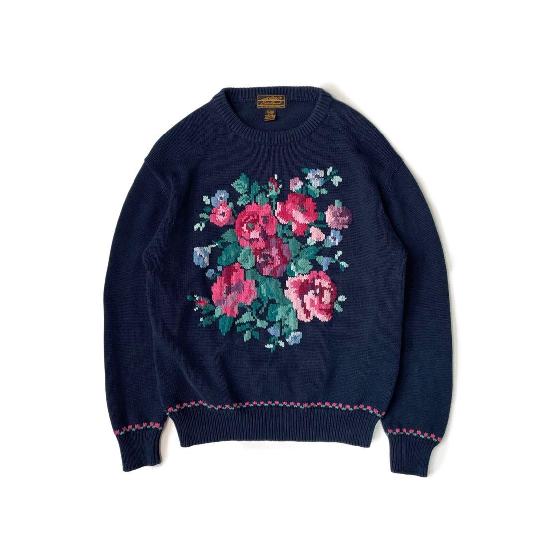 90’s Eddie Bauer 黒タグ コットンニット 花柄 刺繍 セーター