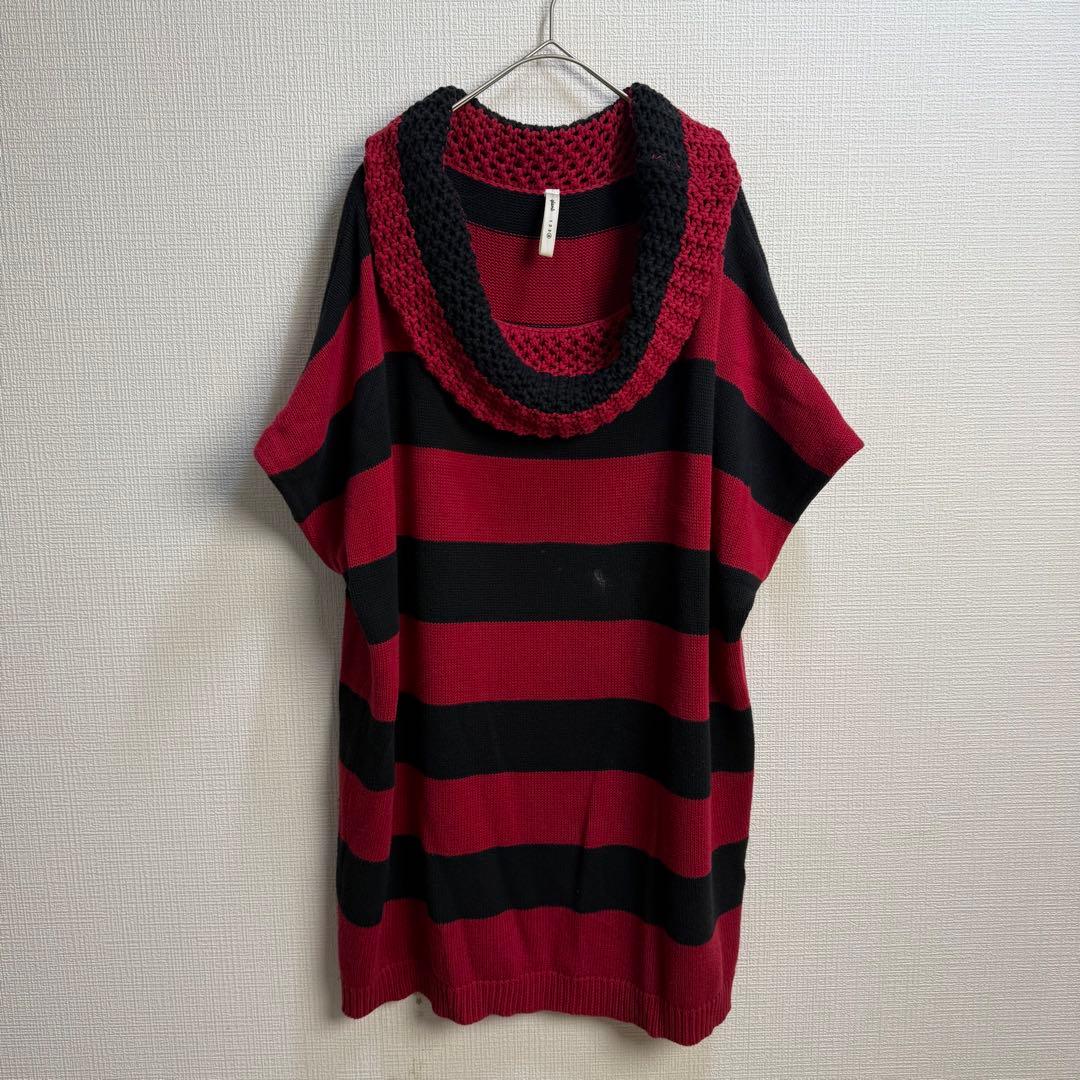 735 glamb 赤黒ワイドボーダー クロシェ編みカウル襟コットンチュニック