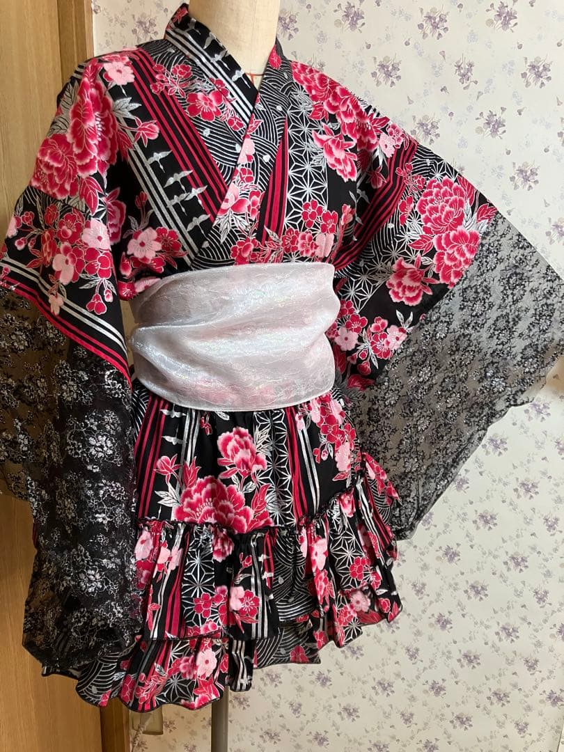 浴衣ドレス　④赤ピンク×黒シルバーレース　地雷系　量産型　y2k　平成