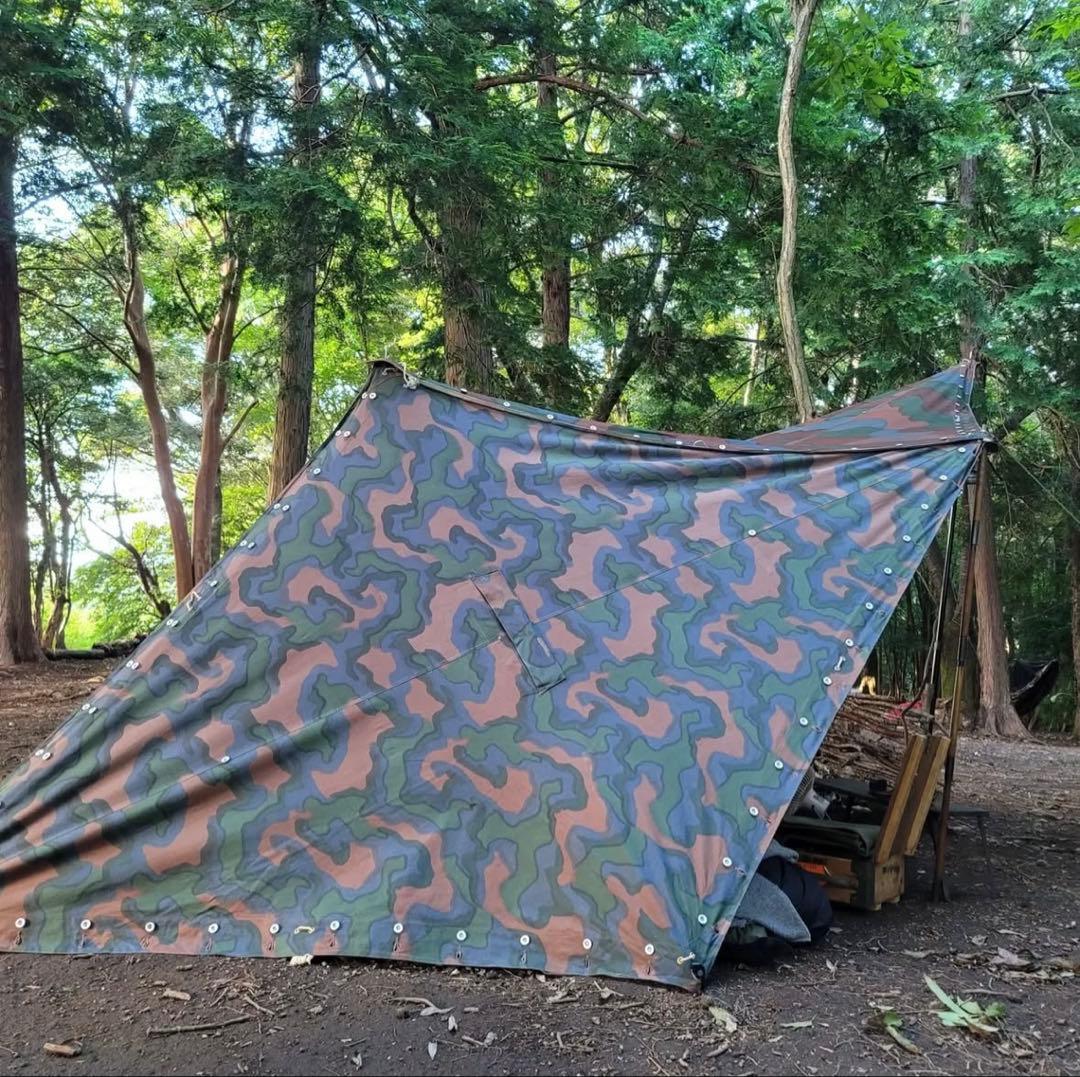 【軍幕屋】Ｂ級品★ノルウェー軍カモⅡテント★４枚★ビンテージ★野営★ポール8本付