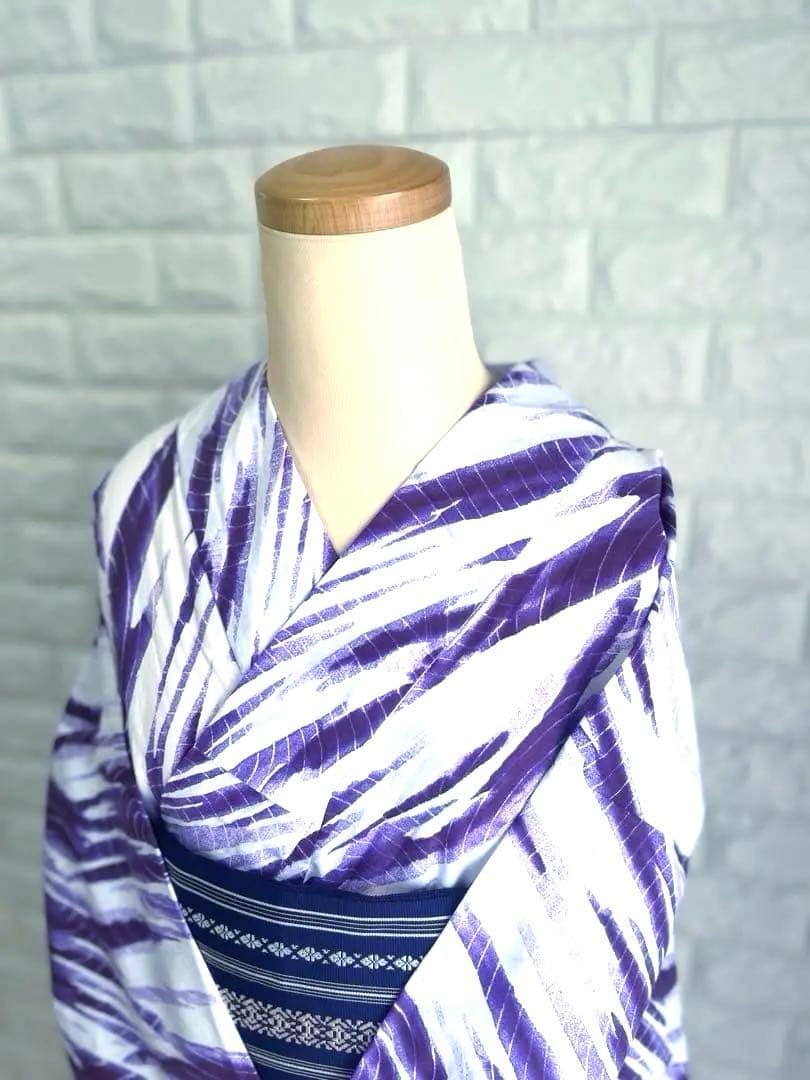 【新品未使用】浴衣 単衣着物 普段着物 モダン柄 紫白 トールサイズ 裄長