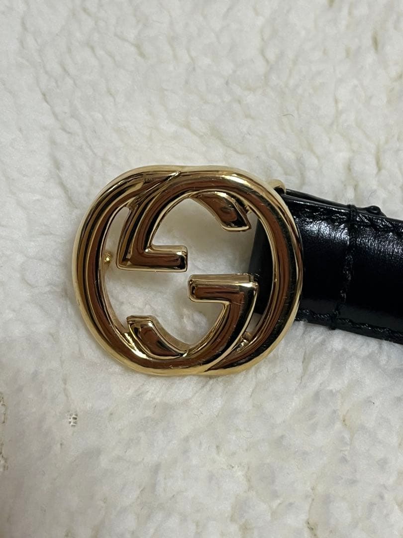 GUCCI グッチ　ブラックレザー ベルト　ゴールド　ダブルGロゴ