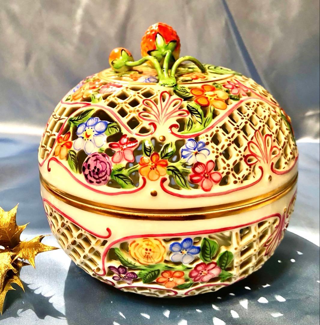 ヘレンド★特大透かしボンボニエール ★超希少★17.5cm☆アンティーク金彩