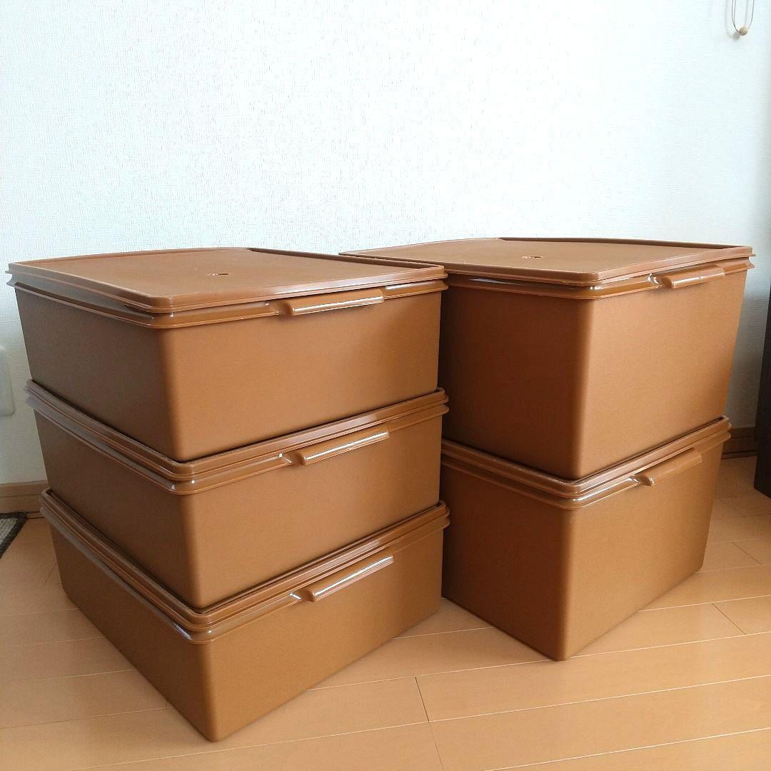 【タッパーウェア 収納】スーパーケース 5個セット(深型2個+薄型3個) セピア