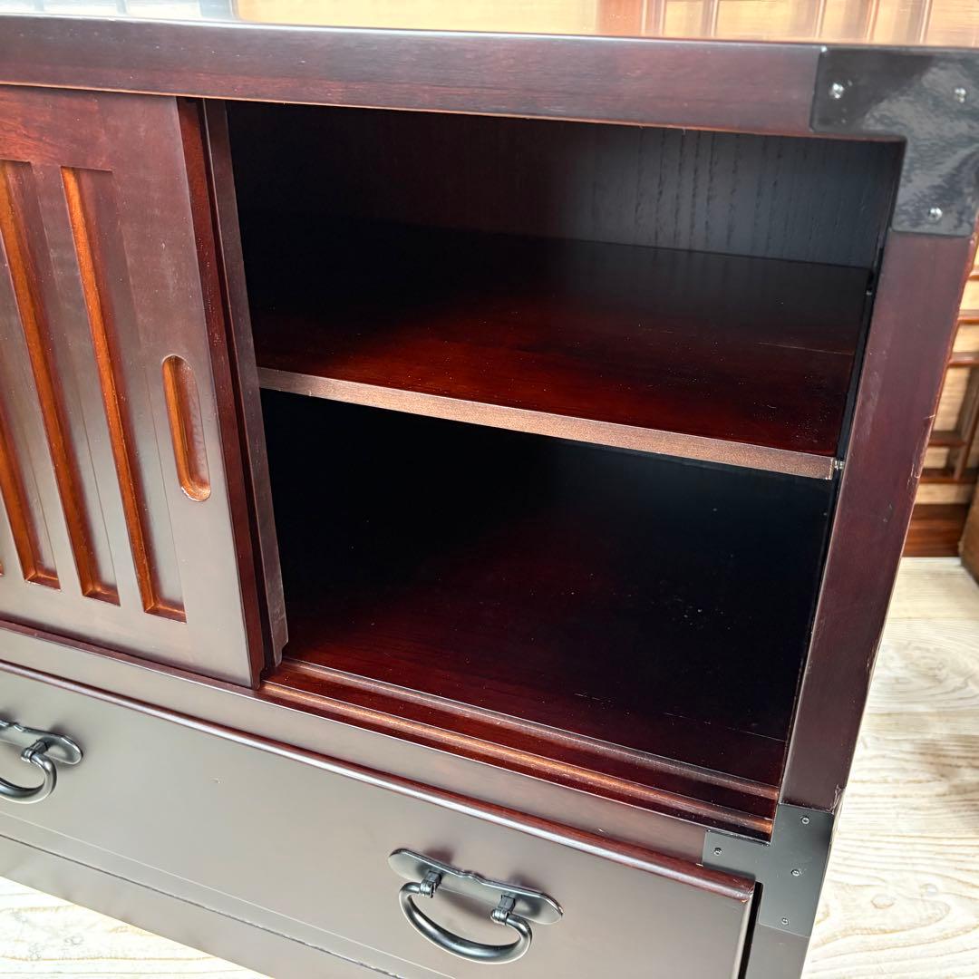 訳あり品！【118】民芸家具木製桐材無垢引き戸チェストタンス木製収納家具和室和風