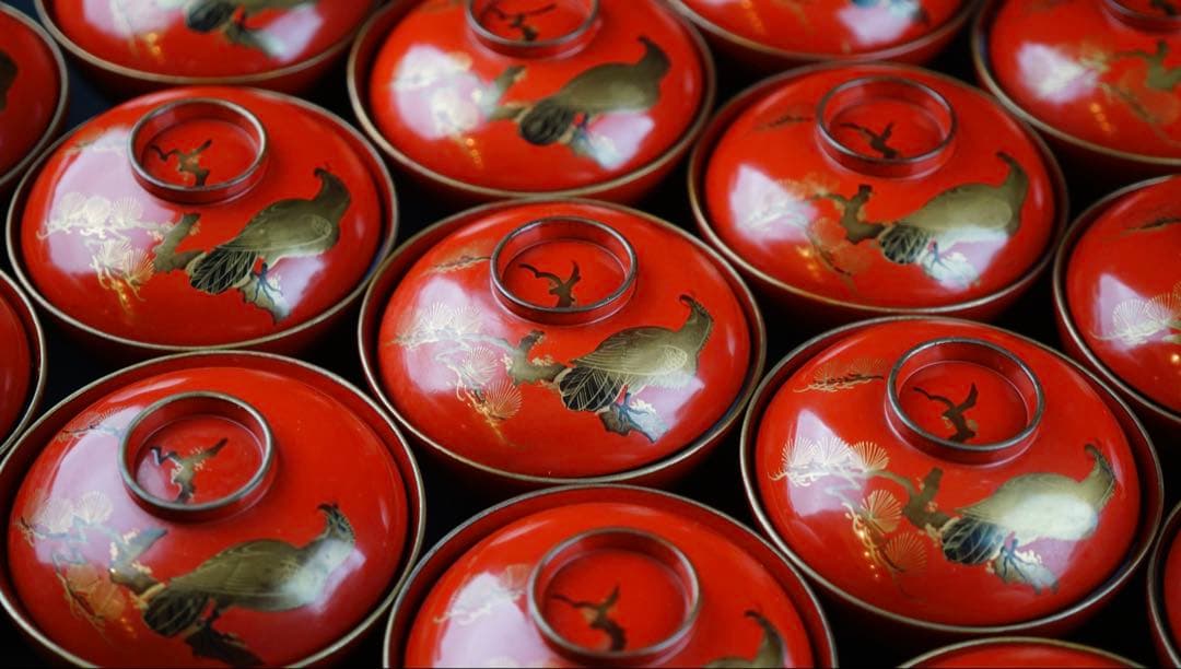 蒔絵　松 鷹紋　朱塗金縁吸物椀　20客　共箱