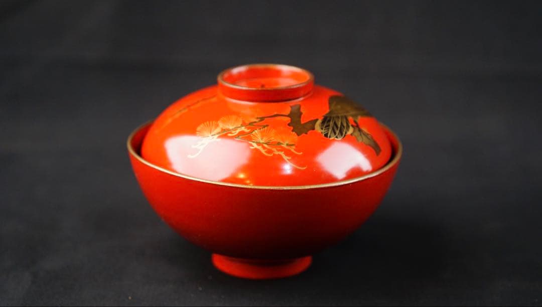 蒔絵　松 鷹紋　朱塗金縁吸物椀　20客　共箱