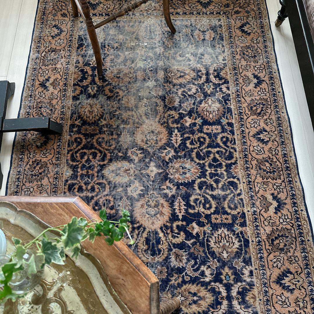 トルコ ヴィンテージラグ A30 レア ネイビー キャメル オレンジ ブルー