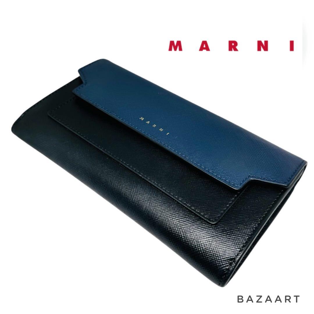 MARNI マルニ 折りたたみ 長財布 レザー ネイビー ブラック 黒 箱付き