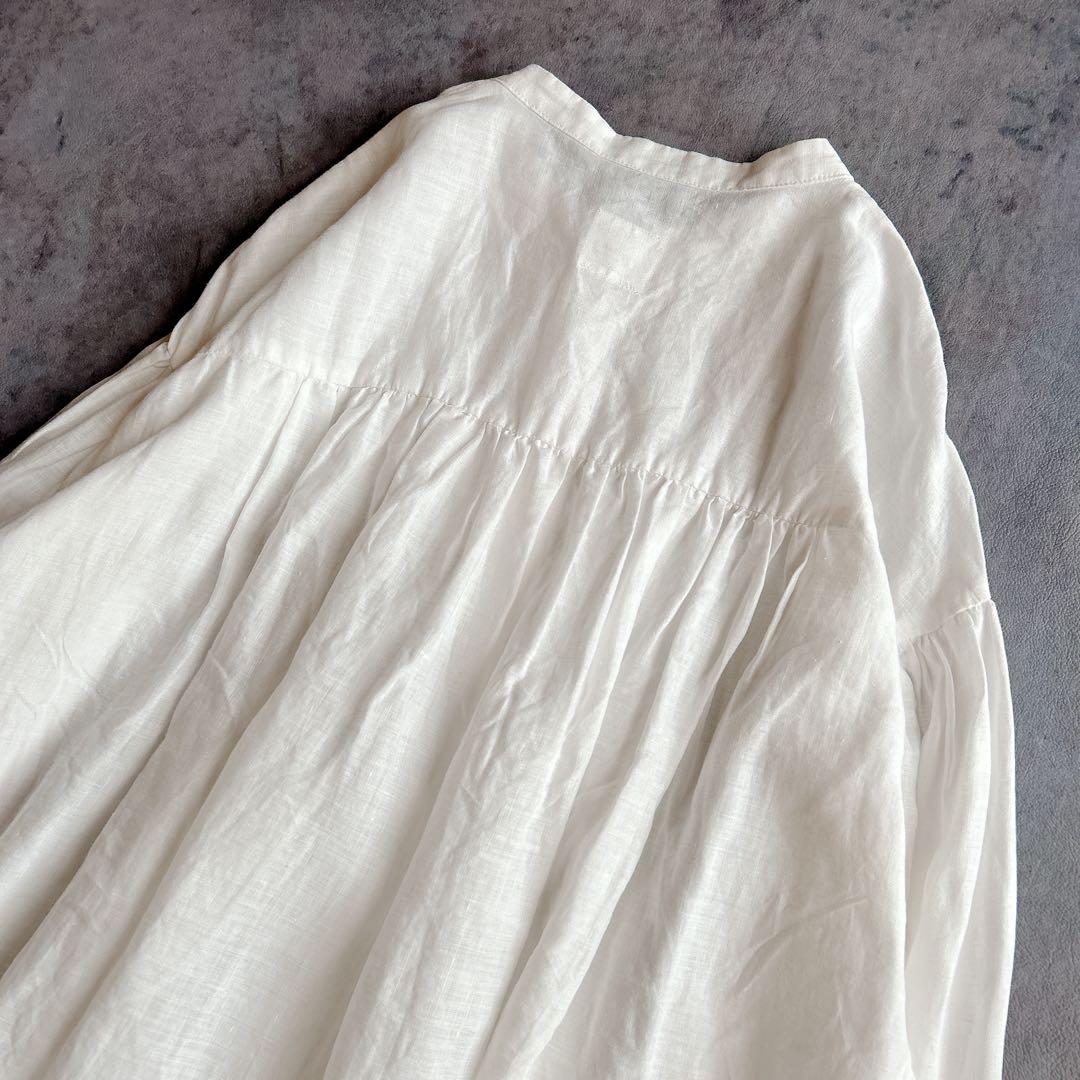 Gauze# ガーゼ ⿻ リネン バンドカラー タックワンピース 白 ナチュラル