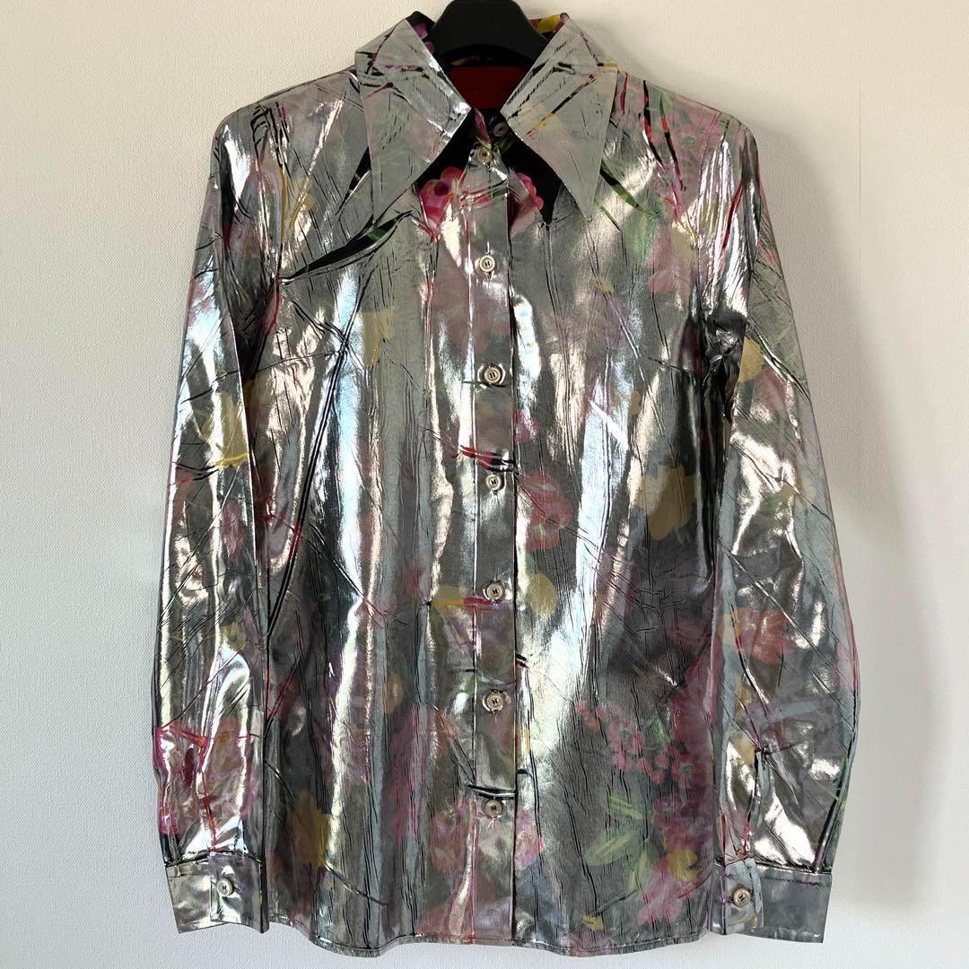 新品 グッチ 18SS シルク総花柄 ラミネート加工 長袖シャツ 38 シルバー