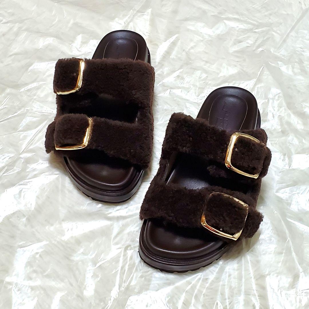 ■LE TALON レザー ボアベルト サンダル ブラウン S 美品